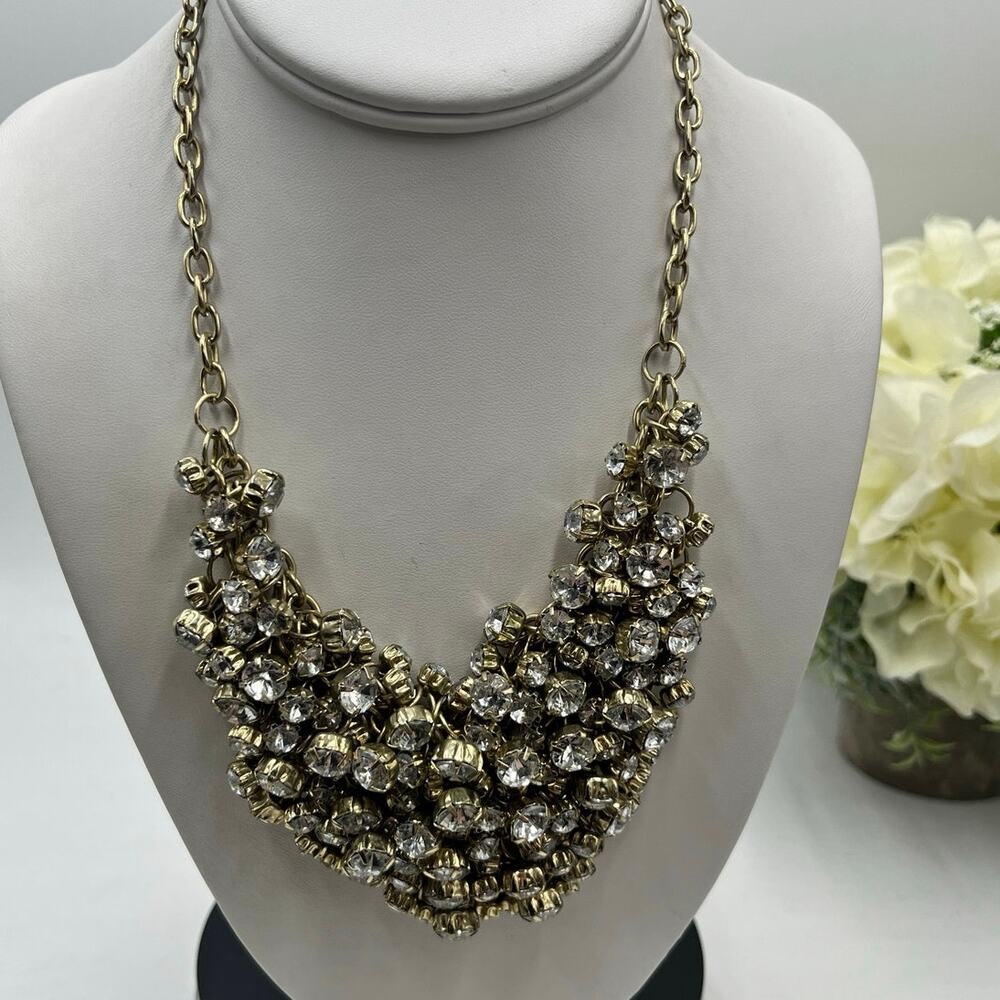 J. Crew Antique‎ Gold Tone Prong Set Rhinestone Cluster Bib Statement Necklace